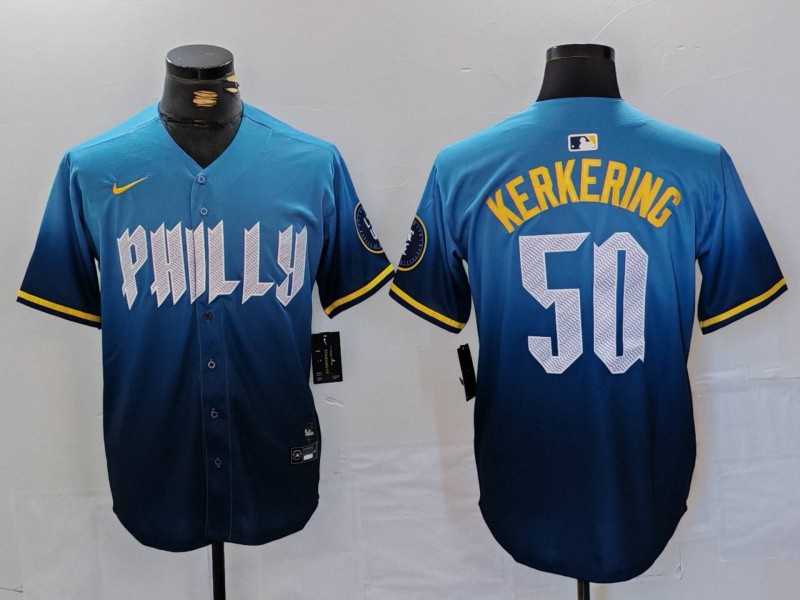 Mens Philadelphia Phillies #50 Orion Kerkering Blue 2024 City Connect Limited Stitched Jersey->philadelphia phillies->MLB Jersey